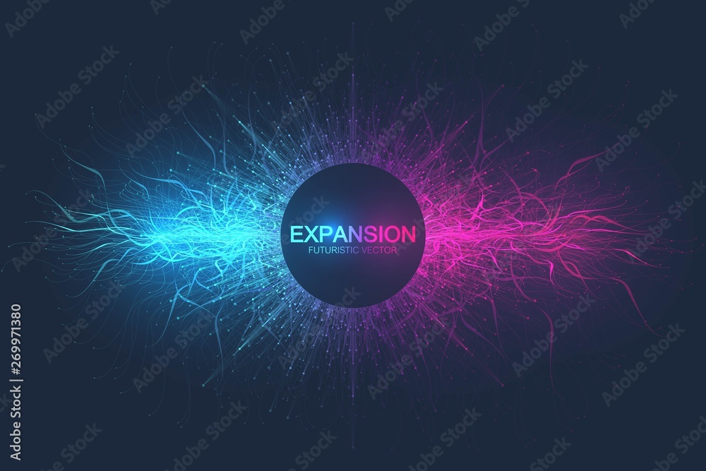 Poster Geometric abstract background expansion of life. Colorful explosion background with connected line and dots, wave flow. Graphic background explosion, motion burst. Scientific vector illustration