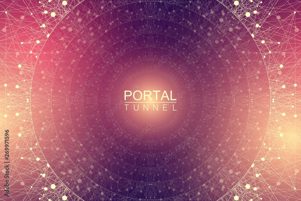 Poster Geometric abstract background tunnel or wormhole with connected line and dots. Futuristic wormhole 3d space time portal visualization. Wireframe tunnel grid texture background. Vector illustration