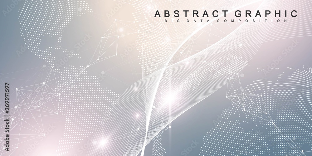 Poster Big data visualization. Geometric abstract background visual information complexity. Futuristic infographics design. Technology background with connected line and dots, wave flow. Vector illustration