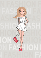 Hand drawn beautiful cute cartoon summer girl. Romantic blonde in white dress. Vector illustration.