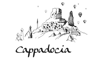 Hand drawn illustration Cappadocia, Turkey - caves, stones and ballons. Turkish famous symbol for print or poster design. Vector 