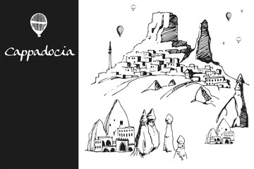 Hand drawn illustration Cappadocia, Turkey - caves, stones and ballons. Turkish famous symbol for print or poster design. Vector 