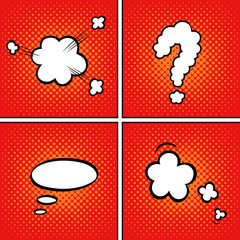 Set of blank white speech bubbles of different shapes on red dots background. Vector illustration in pop art style