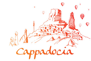Naklejka premium Cappadocia. Hand drawn turkish famous travel place. Gradient color. Caves, stones and ballons in the sky. Vector illustration for banner or print design