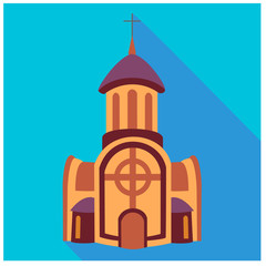 Brown church monastery building with belfry and cross at the top and two extensions with windows on the side and big door in center on a blue background. Flat icon with long shadow.