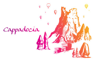 Cappadocia. Hand drawn turkish famous travel place. Gradient color. Caves, stones and ballons in the sky. Vector illustration for banner or print design