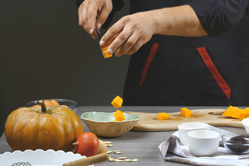 Preparing pumpkin puree. Ingredients for pumpkin pie for Thanksgiving day, recipe, menu