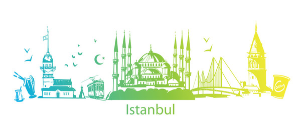 Hand drawn Istanbul horizontal vector illustration. Panoramic banner with famous Turkish symbols and object: Saint Sophia, Maiden's tower, galata tower, bosporus bridge