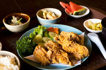 Fried chicken with Japanese style side dishes