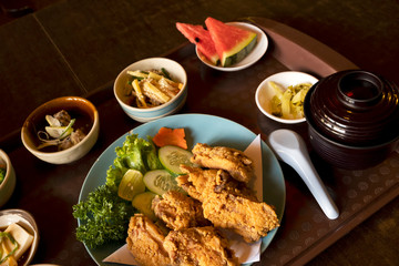 Fried chicken with Japanese style side dishes