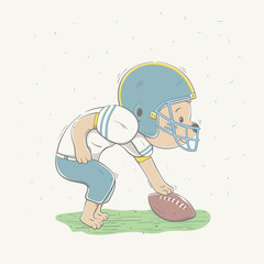 Naklejka premium Lovely cute bear dressed like American Football player with ball in field. Young dressed teddy bear.