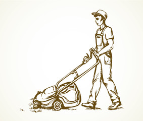 The man mows the grass. Vector drawing