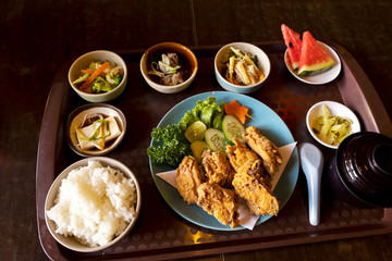 Fried chicken with Japanese style side dishes