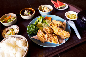Fried chicken with Japanese style side dishes