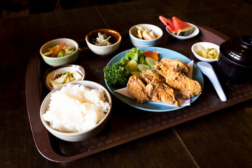 Fried chicken with Japanese style side dishes