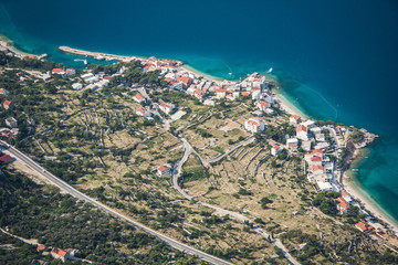 An aerial view of village of Drasnice located on Makarska Riviera, Croatia