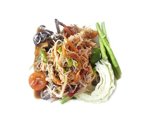 Thai food style,Papaya salad with tomato, shrimp, chili, bean, morning glory and cabbage isolated on white background, This food is most popular Thai food, Som Tum is thai traditional, Selective focus