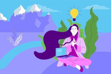 Flat style girl with long hair sitting crossed legged with prayer gesture