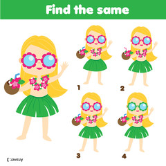 Children educational game. Find two same pictures. Summer holidays theme