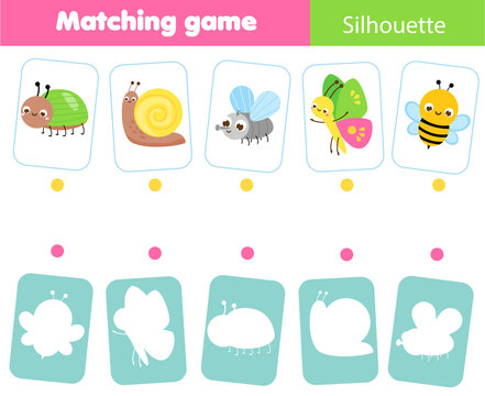 Educational children game. Match insects with silhouette. Fun page for toddlers. Study shapes and shadows