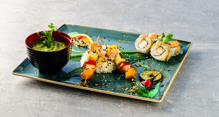 Japan’s traditional cuisine yakitori with chicken and pea cream soup