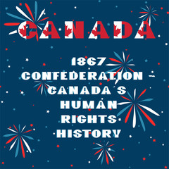 Obraz premium Happy Canada day card. Pattern with National flag red and white color modern typography for celebration design, flyer, banner. on fective firework blue background.