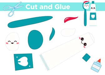 Cut and glue cute kawaii toothpaste and toothbrush. Educational paper game for children. About dental hygiene.