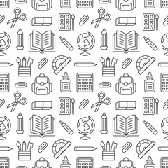School supplies seamless pattern with line icons. Study tools background - globe, calculator, book, pencil, scissors, vector illustration. Black, white wallpaper for stationery sale brochure