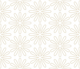 Modern simple geometric vector seamless pattern with gold flowers, line texture on white background. Light abstract floral wallpaper, bright tile ornament