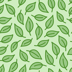 Leaf background. Green colored seamless pattern with leaves in minimal line doodle style. Decorative repeat package backdrop