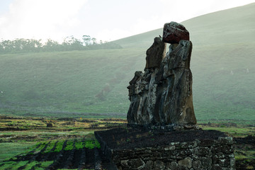 Side view at sunrise of Ahu Tongariki