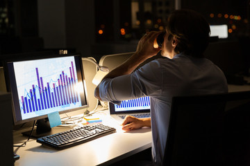 Young Caucasian male executive drinking coffee while working at desk in a modern office