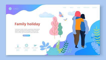 Obraz premium Family holiday. Enamored couple walking outdoors, flat style.
