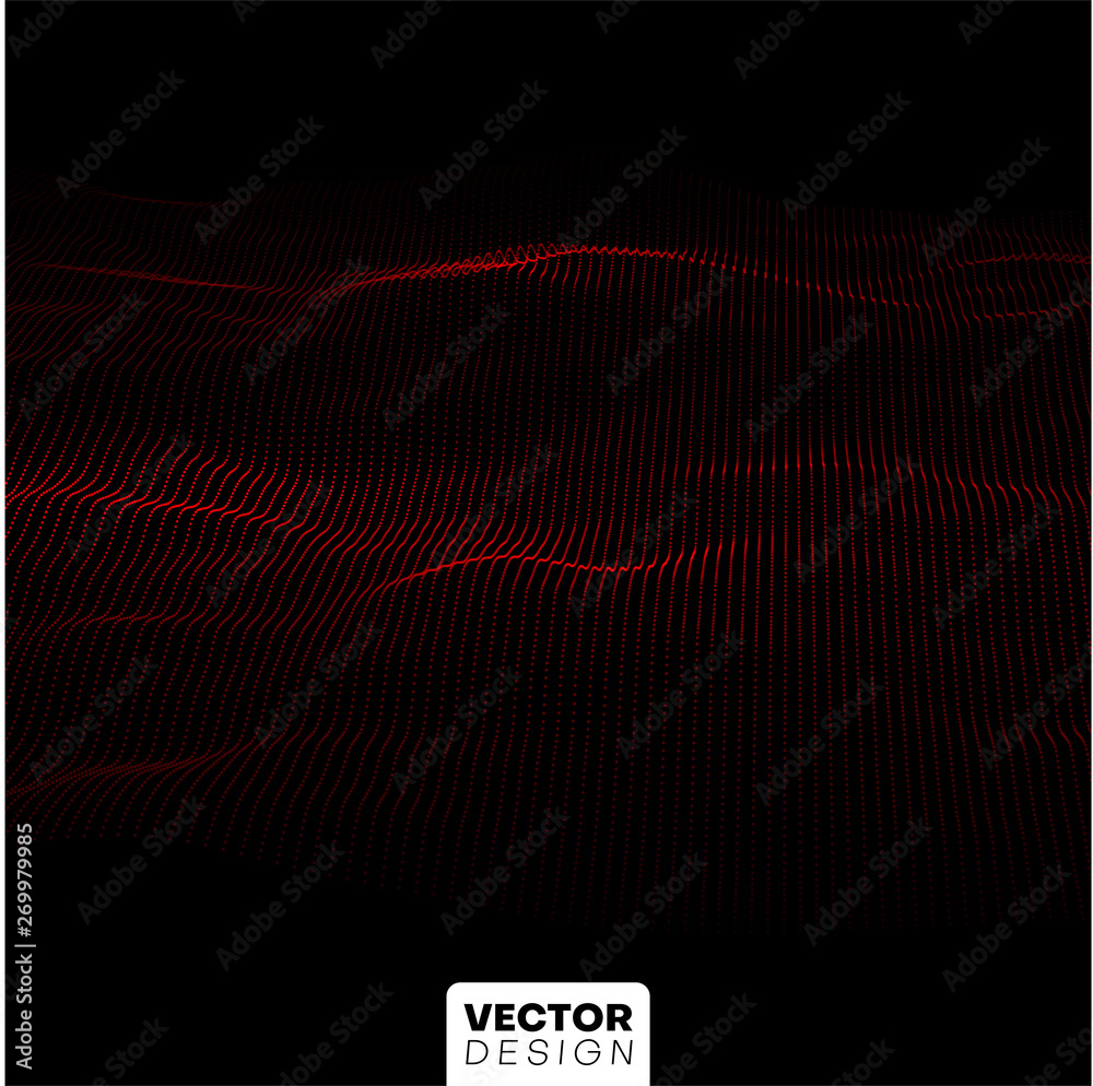 Wall mural abstract background with red neon wavy digital pattern.