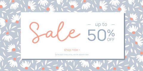 Pastel Colored Hand Drawn Feminine Floral Sale Horizontal Rectangular Banner. Spring-Summer Promotional Social Media Ads