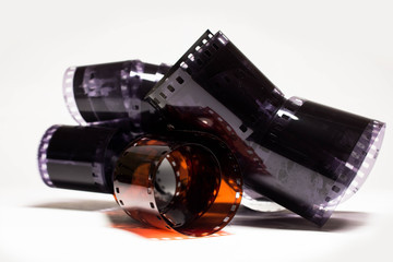 Old vintage brown and black films of analog cameras and camcorders. Concept video, creativity and...