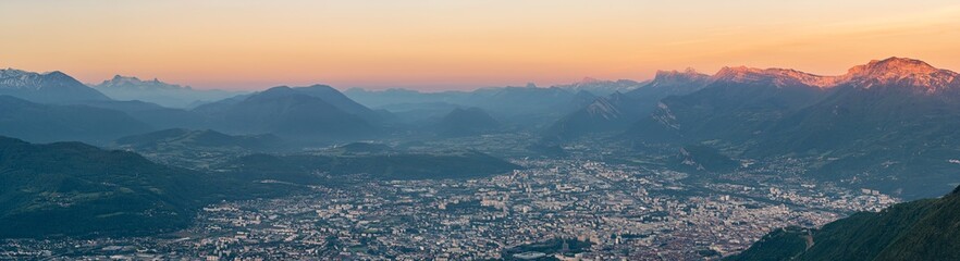 French landscape - Chartreuse. Panoramic view over the city of Grenoble with Vercors and Alps in...