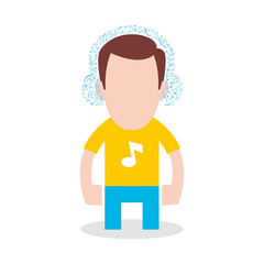 Vector standing boy listen music with headphones composed of musical notes. Isolated white background.
