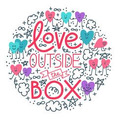 Round concept illustration with LGBT heart characters and Love Outside The Box quote