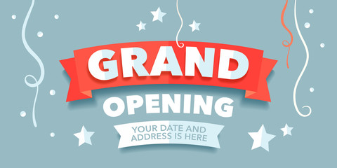 Grand opening vector banner with festive background and red ribbon