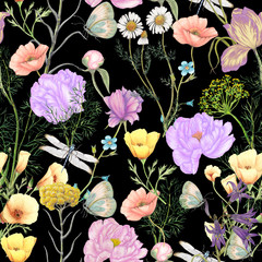 Hand drawn botanical seamless pattern of garden wildflowers,plants