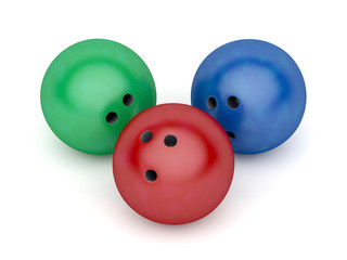 Green, red and blue bowling balls