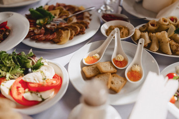 festive salty buffet, fish, meat, chips, cheese balls and other specialties for celebrating weddings and other events