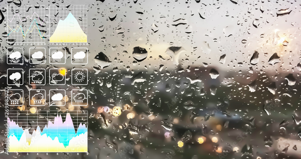 Wall mural weather forecast symbol data presentation with graph and chart on tropical storm background.