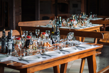 Well-served wooden tables in a country villa.