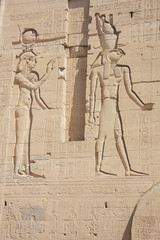 Bas relief of Hathor and Horus in the Isis temple in Lake Nasser