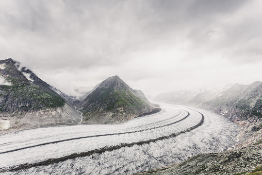 Cloudy view of the Aletsch glacier, Switzerland