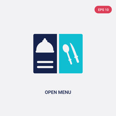 two color open menu vector icon from bistro and restaurant concept. isolated blue open menu vector sign symbol can be use for web, mobile and logo. eps 10