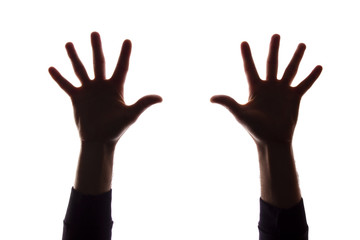 Two hand's young man with fingers apart, five - silhouette, concept