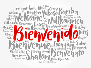 Bienvenido (Welcome in Spanish) word cloud in different languages, conceptual background